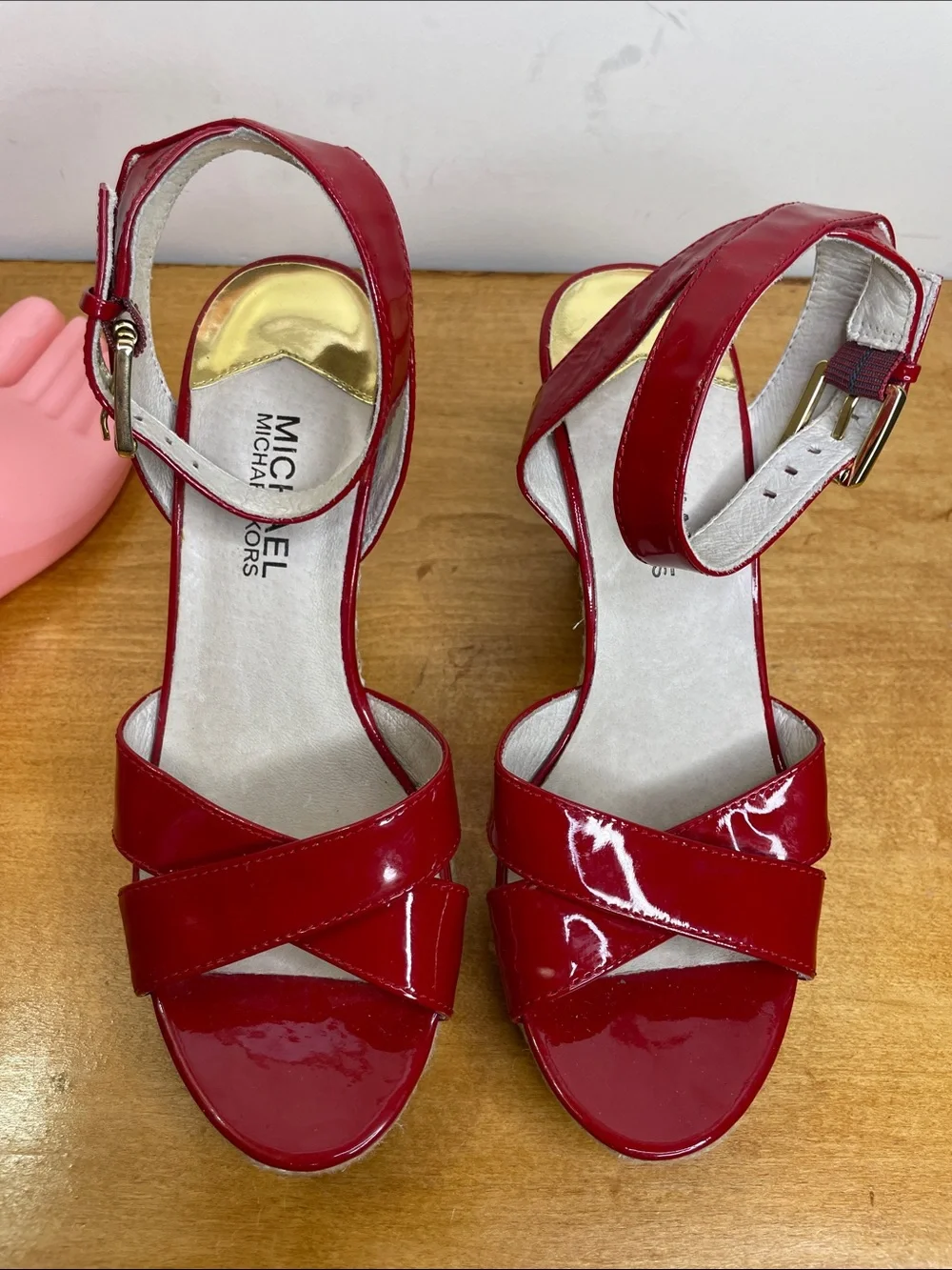 Michael Kors Red Patent Espadrille Wedge Sandals with Gold Buckle. Size 6.5